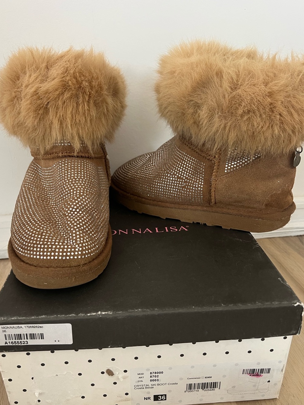MonnaLisa Brown Crystal-Embellished Fur-Trim Booties Size 36 Ski boots